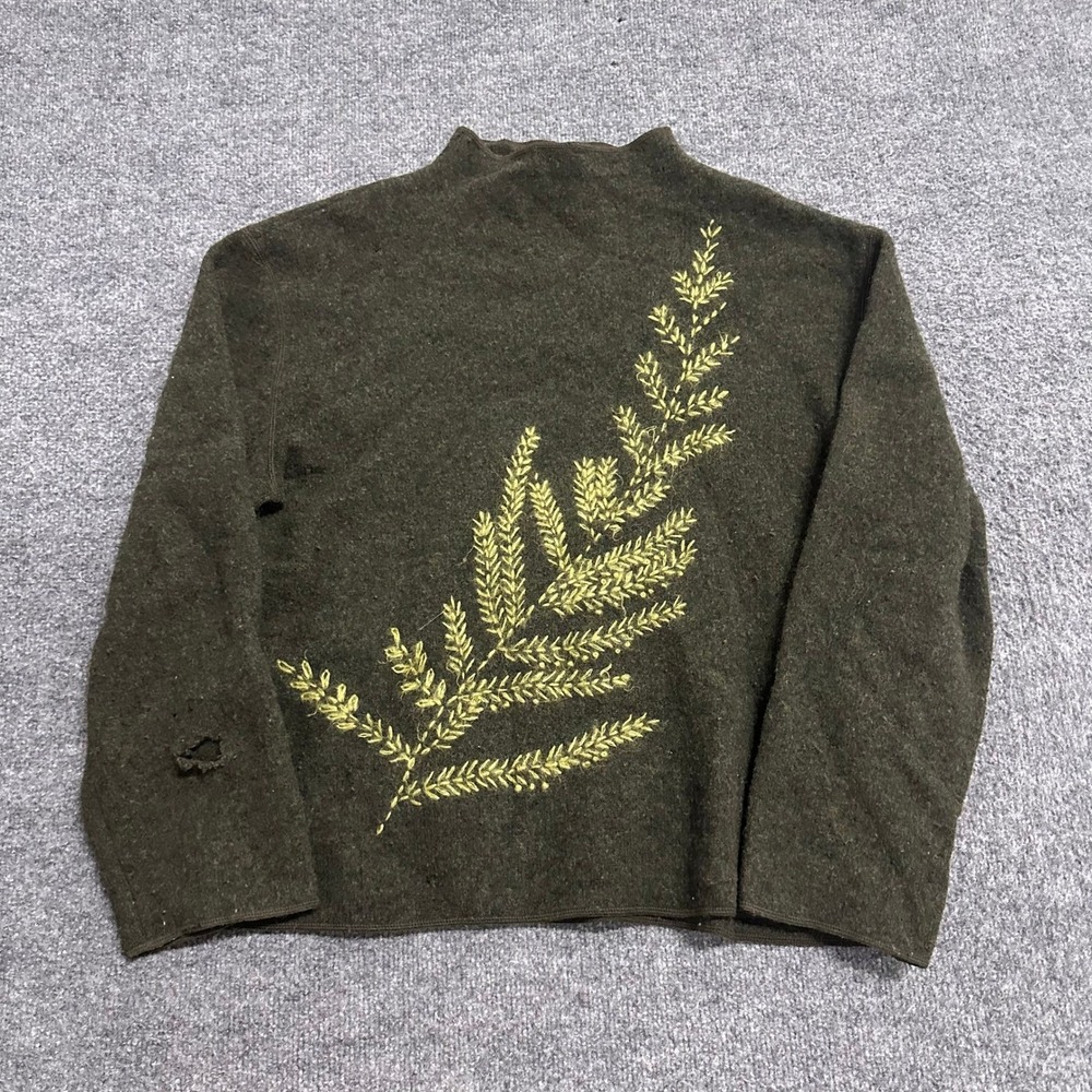 Jones New York Sweater Womens Size L Green Wool Fern Embroidered Mock Neck Rips